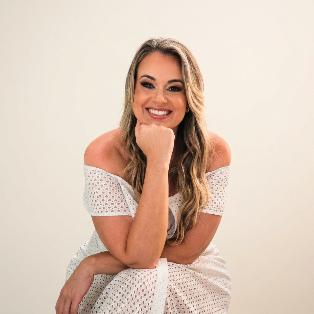 Tatiane Santos, nutricionista integrativa, sorrindo com o queixo apoiado na mão